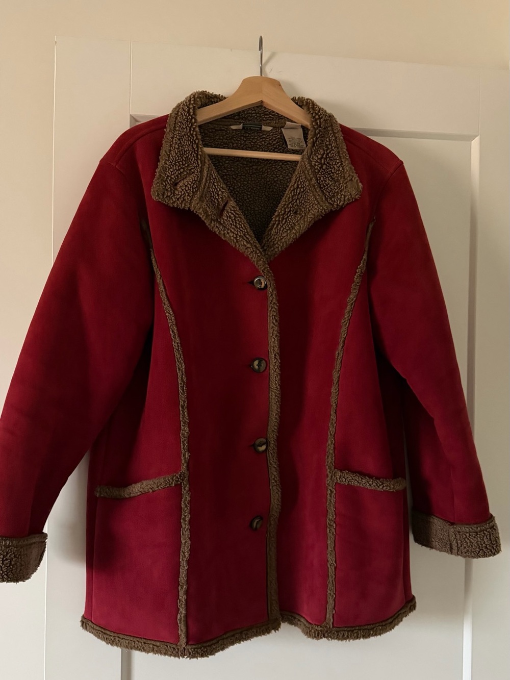 L.L. Bean Red Teddy Jacket with Brown Sherpa Trim